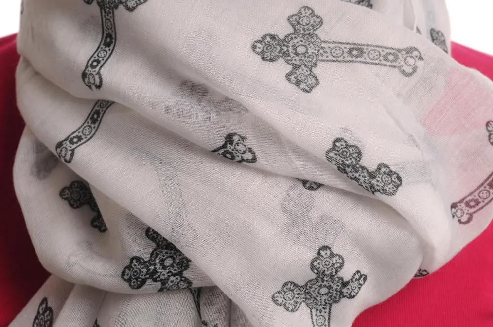 Black Lace Crosses On White Unisex Scarf & Beach Sarong