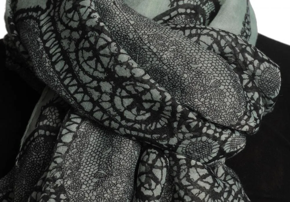 Black Lace On Moss Green Unisex Scarf & Beach Sarong