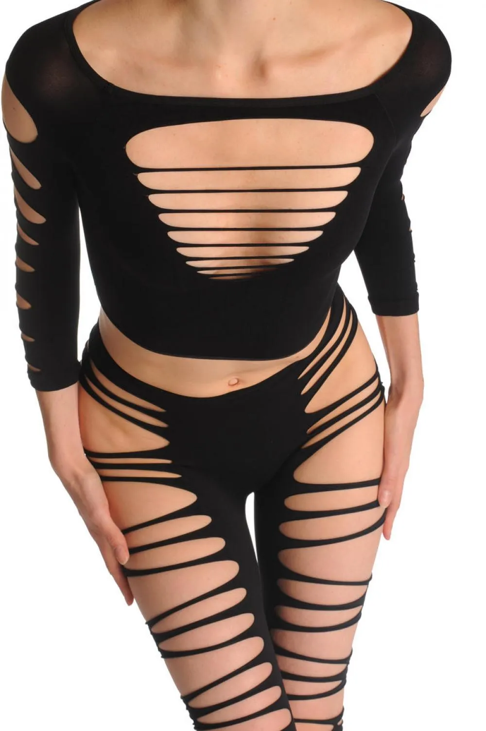 Black Shredded Top & Leggings Set