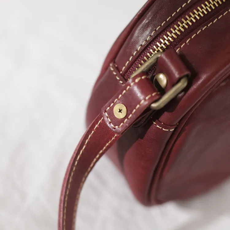 Mini Round Leather Crossbody Bag Black Leather Shoulder Purse for Women