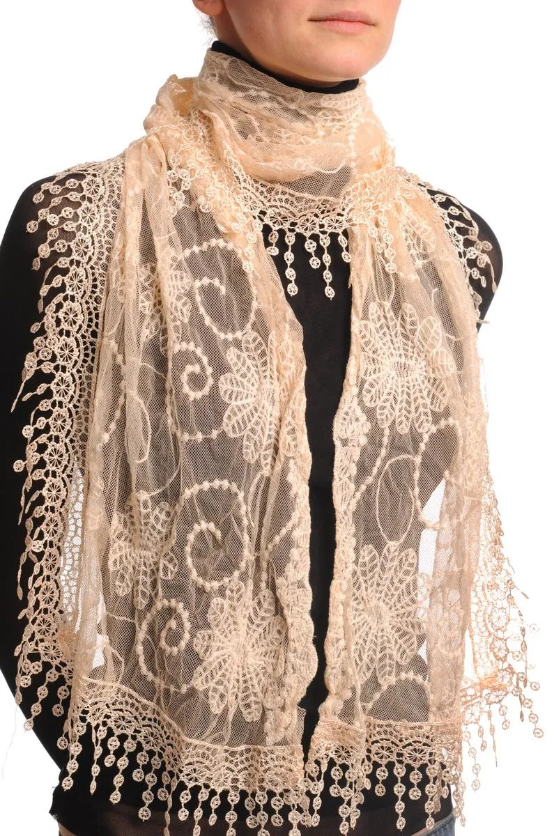 Peach Cream Vintage Lace With Flowers