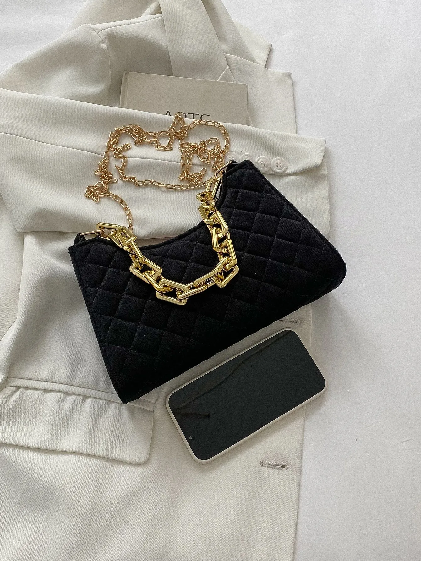 Velvet Quilted Chain Baguette Bag