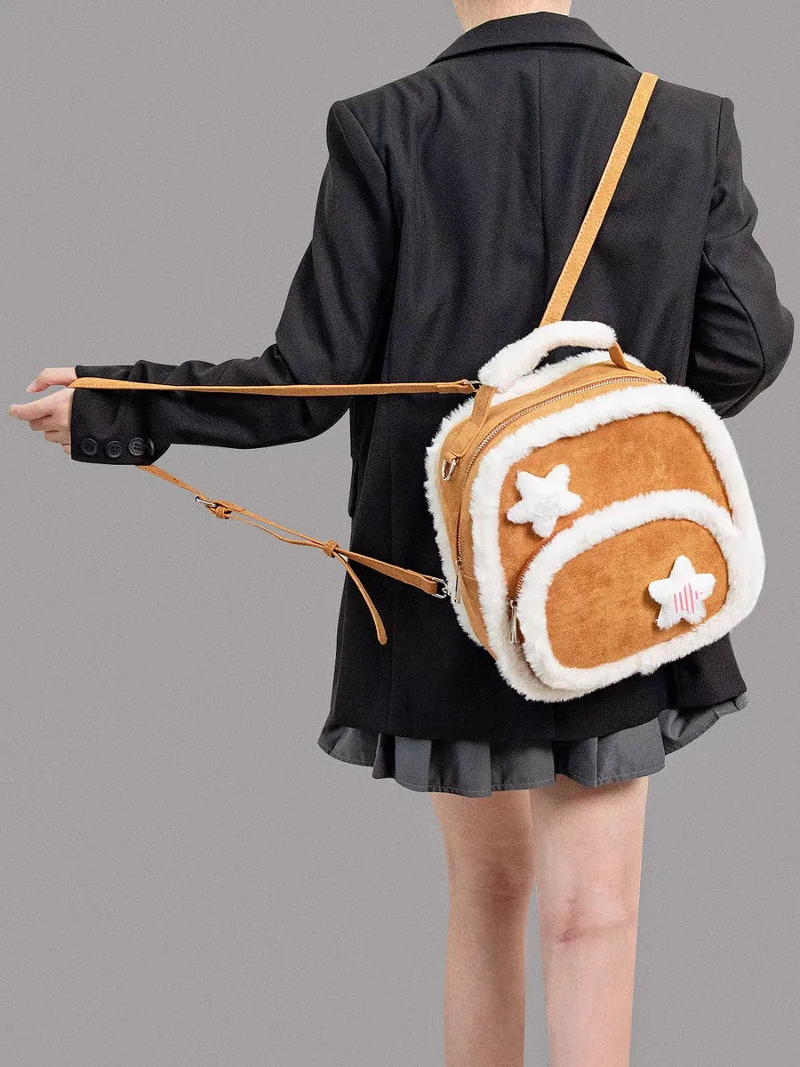 Y2K Brown Plush Fluff Star Bag Backpack